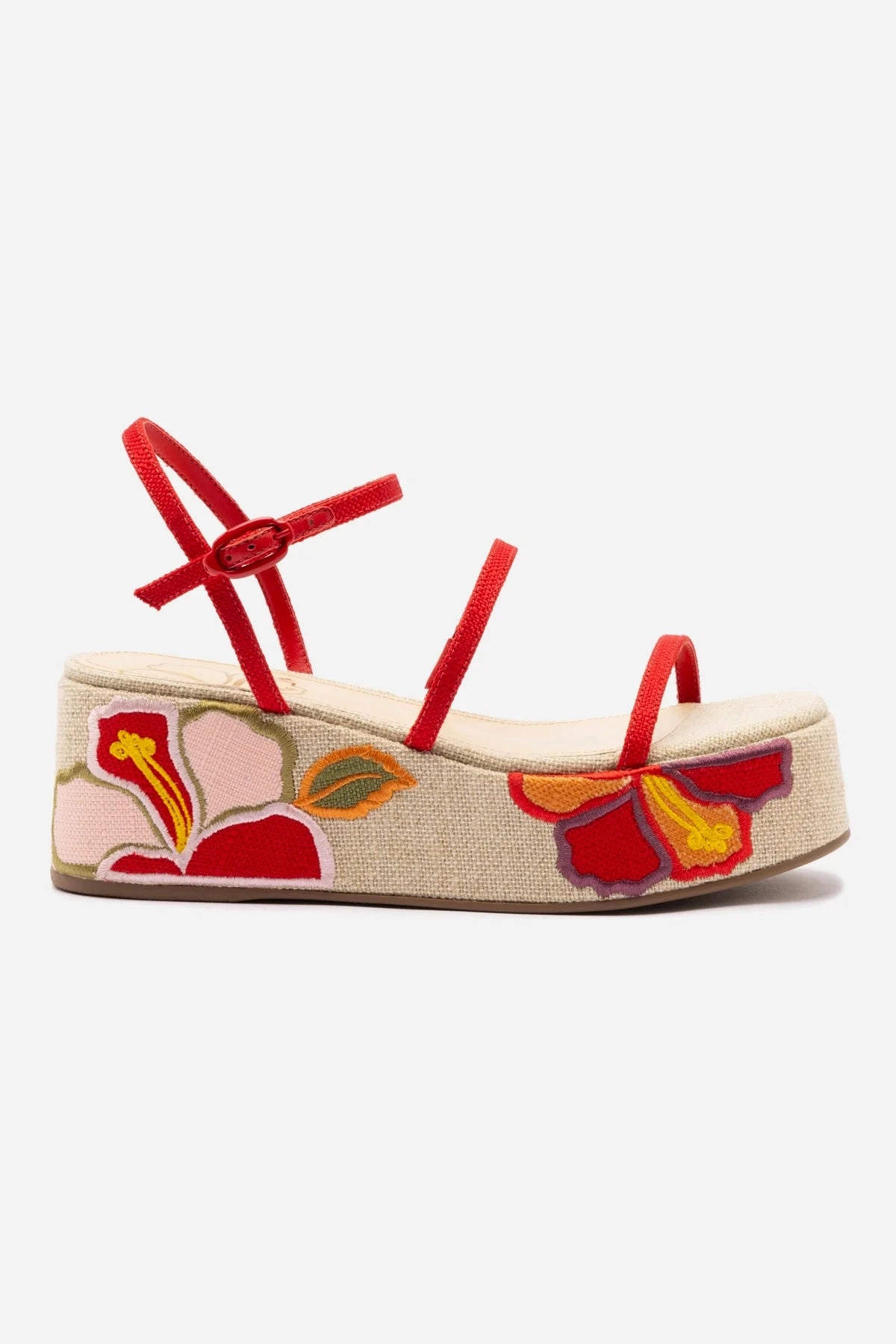 Muscle Aid Play Hard Gio Flatform Sandal In Scarlet Raffia and Hibiscus Embroidery