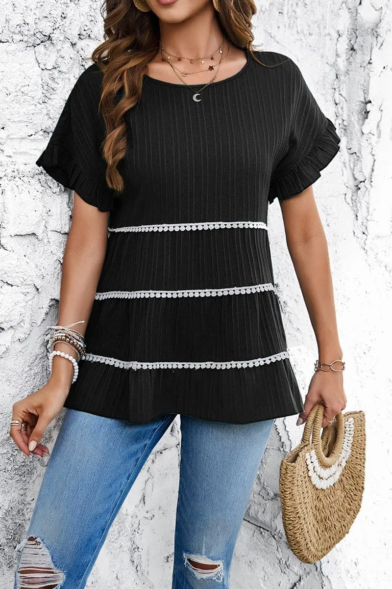 CASUAL LOOSE WAVE STRIP SHORT SLEEVED TOP_CWTSTS0322 ColorfastMaterial