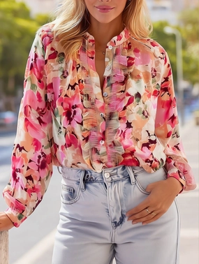 Idyllic Vibrant Floral Ruffle Blouse ??Romantic Boho Style All Purpose Casual Cut