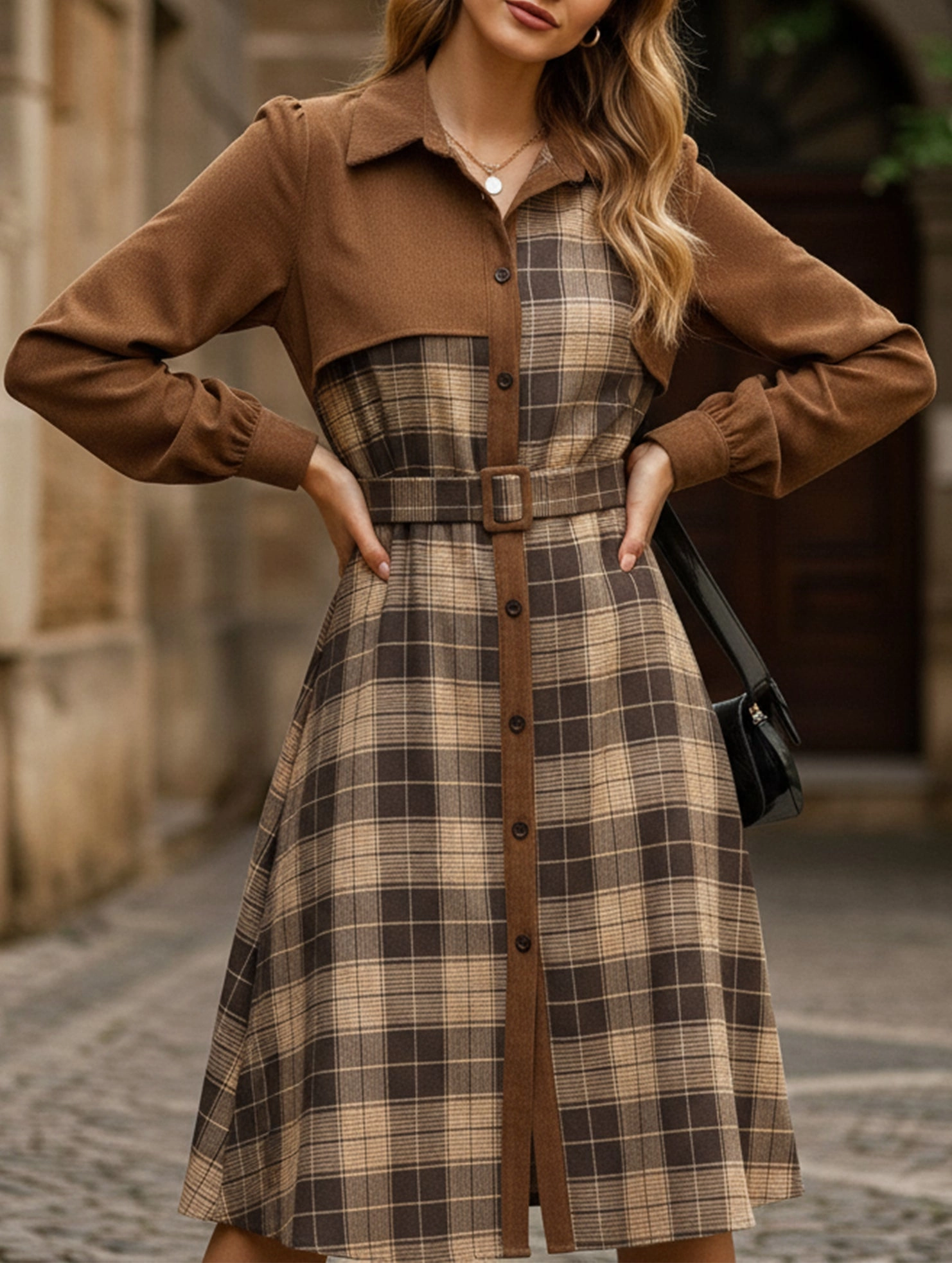 Layered Form Fall Ready Retro-style shirt collar plaid patchwork dress