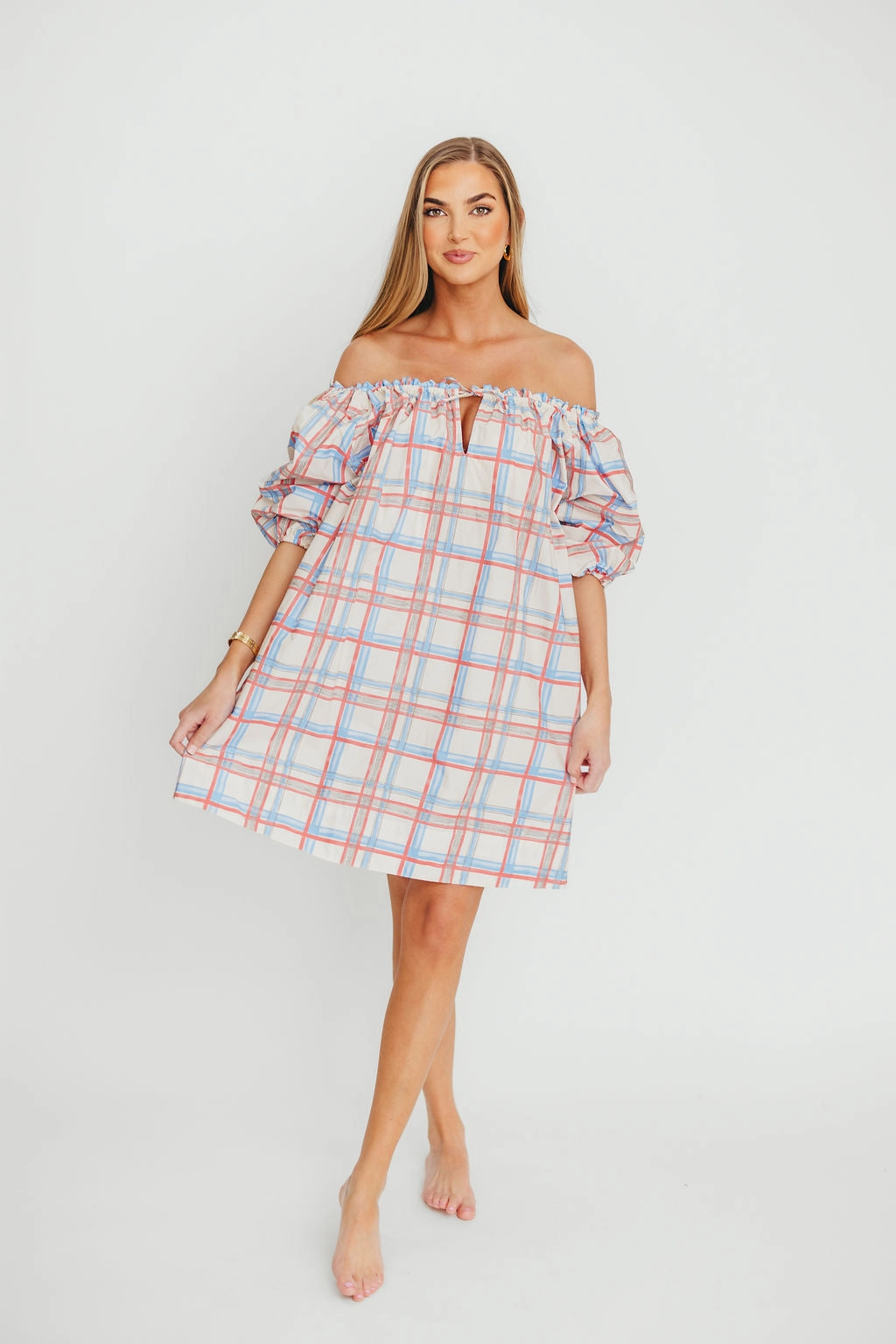 Inaya 100% Cotton Puff Sleeve Babydoll Mini Dress in Blue Multi *Final-Sale* Soft Composition