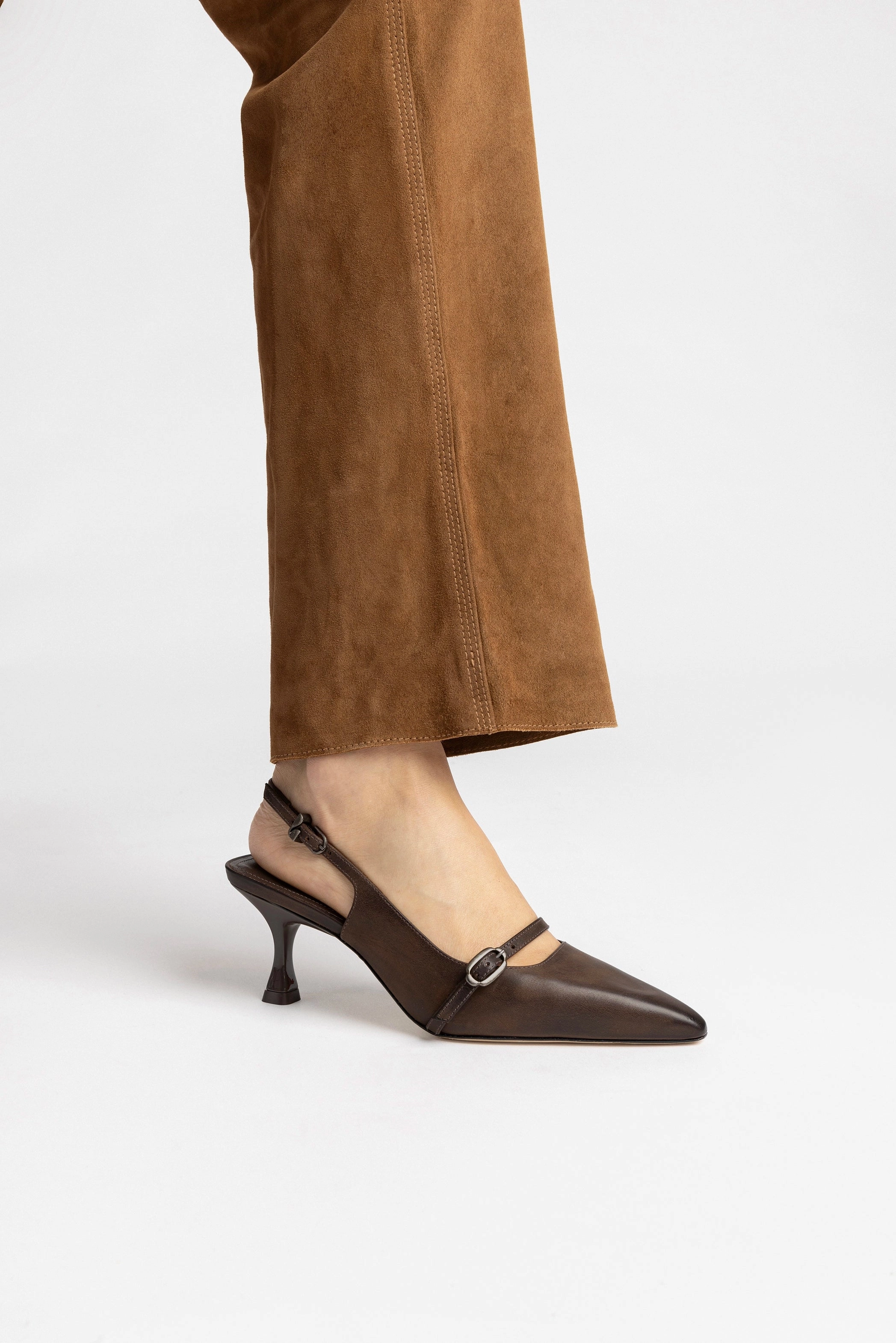 Stretch Fabric Work Commute Reinforced toe cap Ines Pump In Brown Shadow Leather
