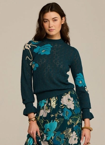 Loose Blouse Patricia Sweater Blooming Floral Peacock Blue