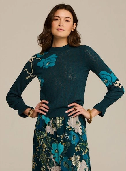 Drop Shoulder Silhouette Chic Cardigan Patricia Sweater Blooming Floral Peacock Blue