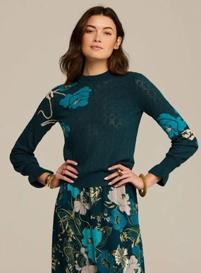 Drop Shoulder Silhouette Chic Cardigan Patricia Sweater Blooming Floral Peacock Blue