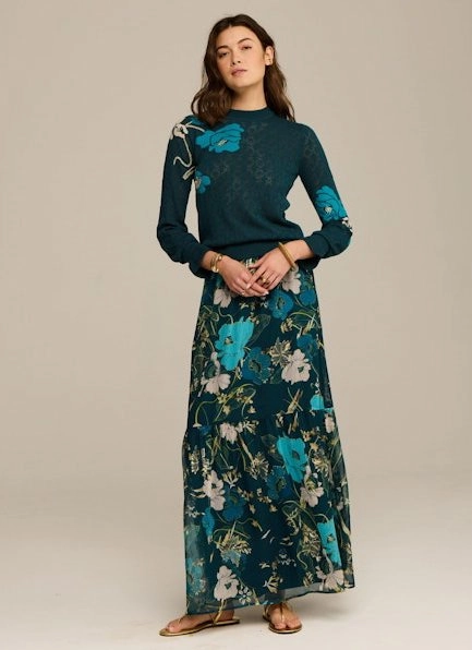 Patricia Sweater Blooming Floral Peacock Blue ButtonFront