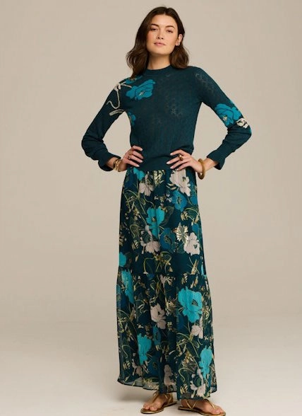 Moisture Control Lining Durable Blend Patricia Sweater Blooming Floral Peacock Blue