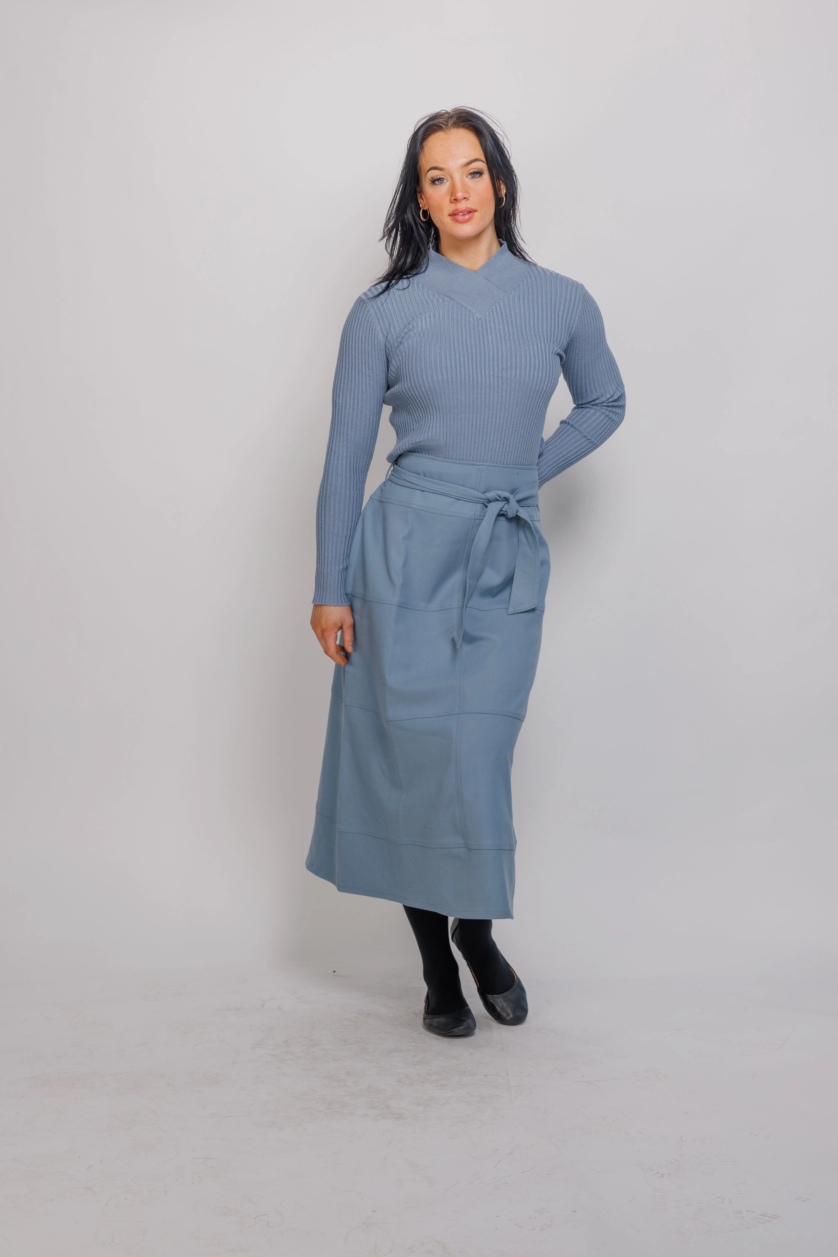 Side Pockets Ivee Smokey Blue A Line Skirt with Belt 25679