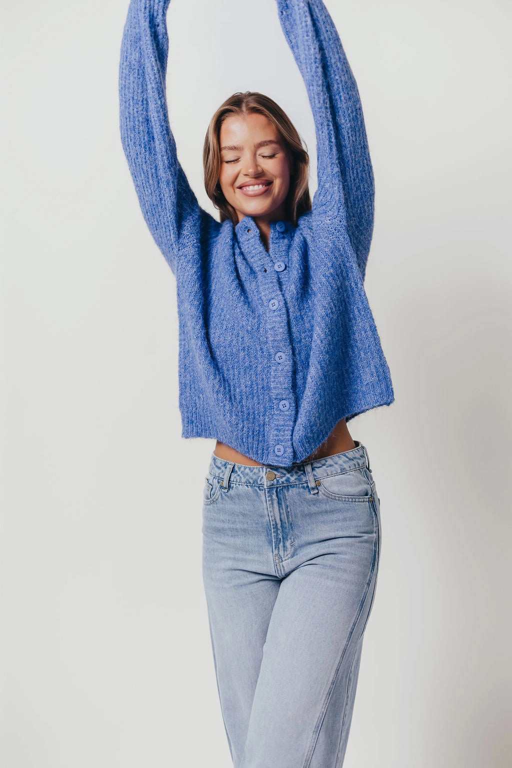 Jacques Cardigan Top in Cobalt Blue Flexible Knit AdjustableHemCuffs