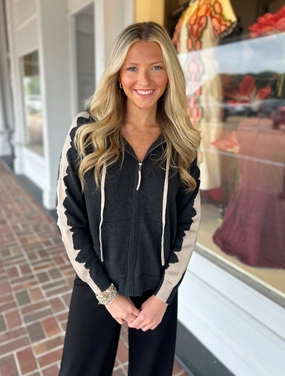 Sporty Blouse Anti Fade Technology Jaggered Edge Hoodie in Charcoal