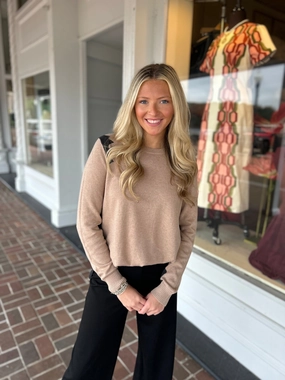 RibbedTexture Printed Hoodie Jaggered Sweater in Oat