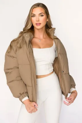 Non Irritating Label Multi Way Adjustable Fit Jasmine Oversized Puffer Jacket in Khaki