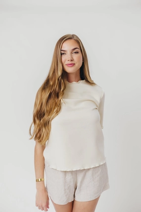 Jemma Butter Modal Mockneck Top with Merrow Edge from P.Cill in Eggshell YarnDyedFabric Layered Hemline