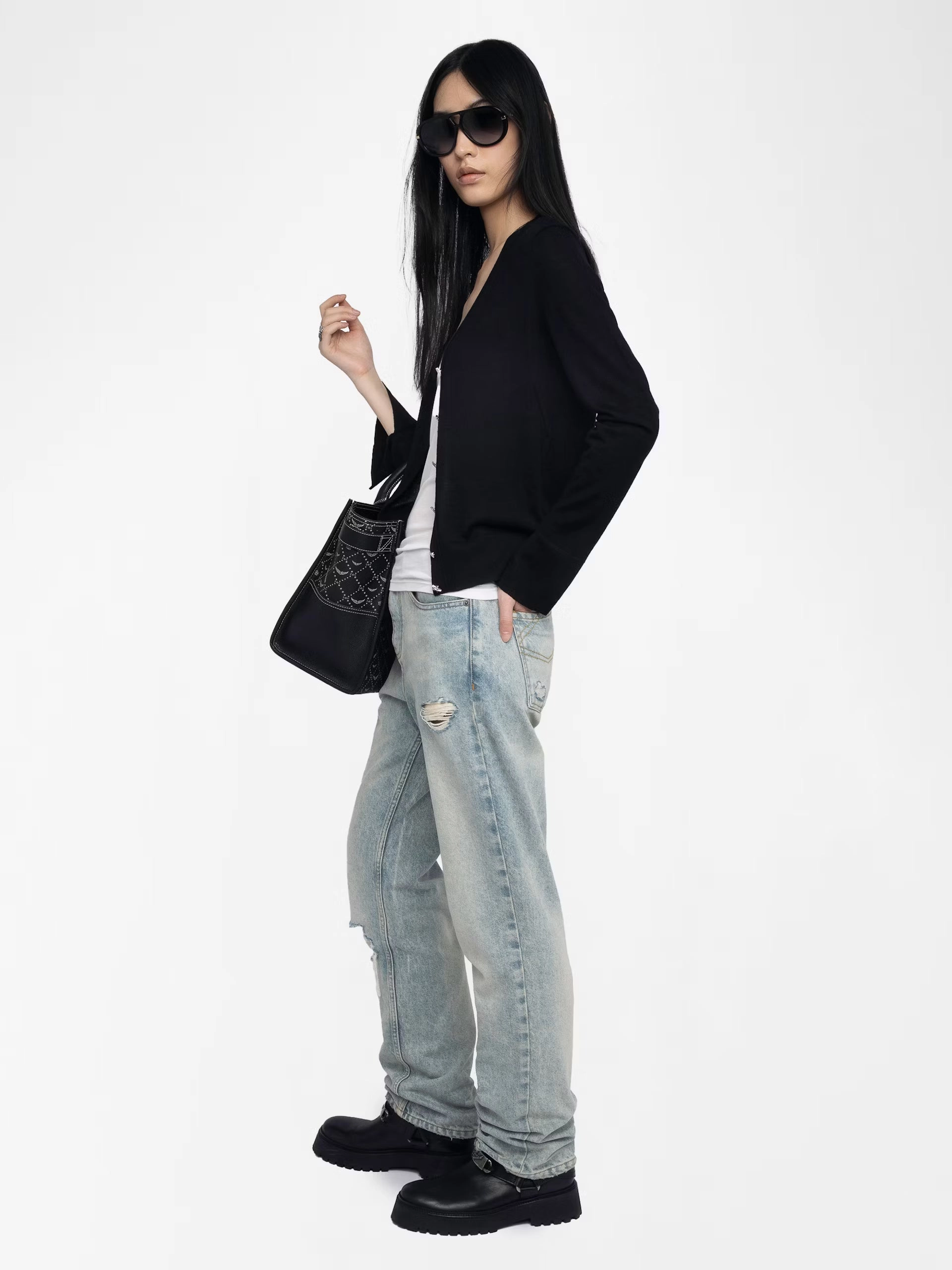 Reflective details Stretch Waistband Design Jemma Wool Cardigan Black