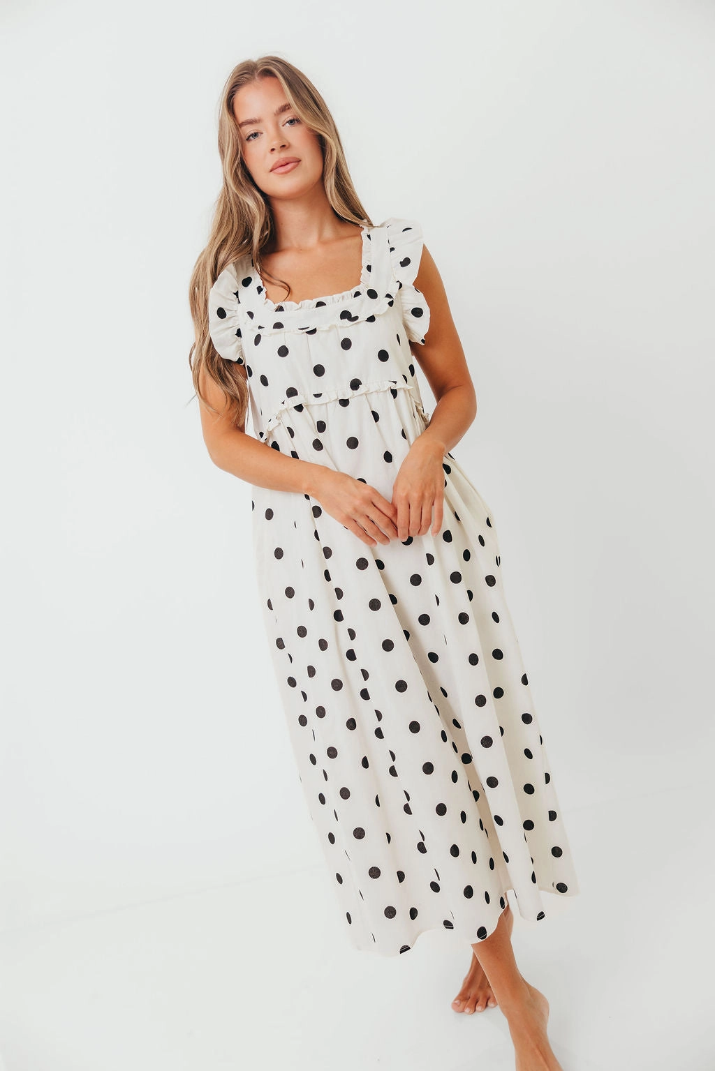 Office Glam Baby-Shower Julia 100% Cotton Polka Dot Midi Dress in Cream/Black
