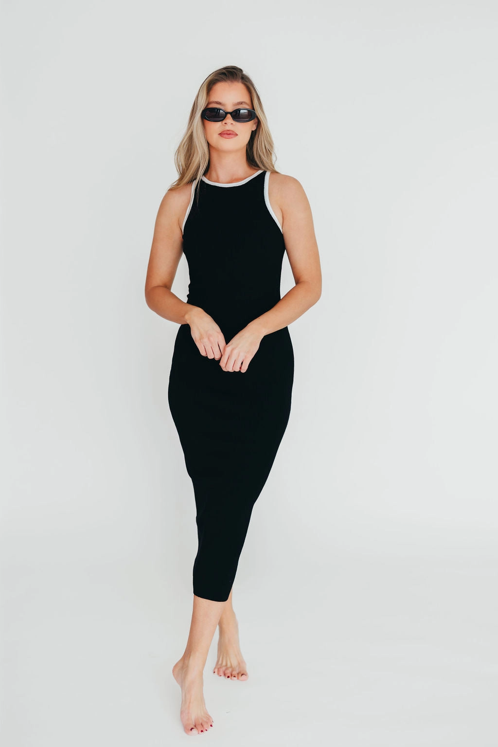 Fitted Style Juliana Contrast Racerback Tank Dress in Black/White