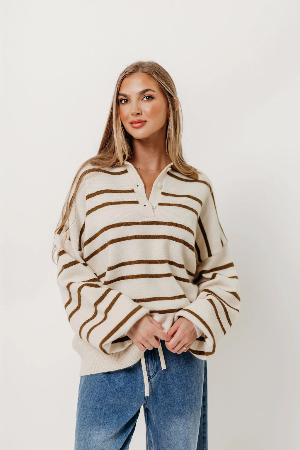 Scoop Neck Shape SelfFabric Binding Juno Collared Sweater in Ivory Olive Stripe