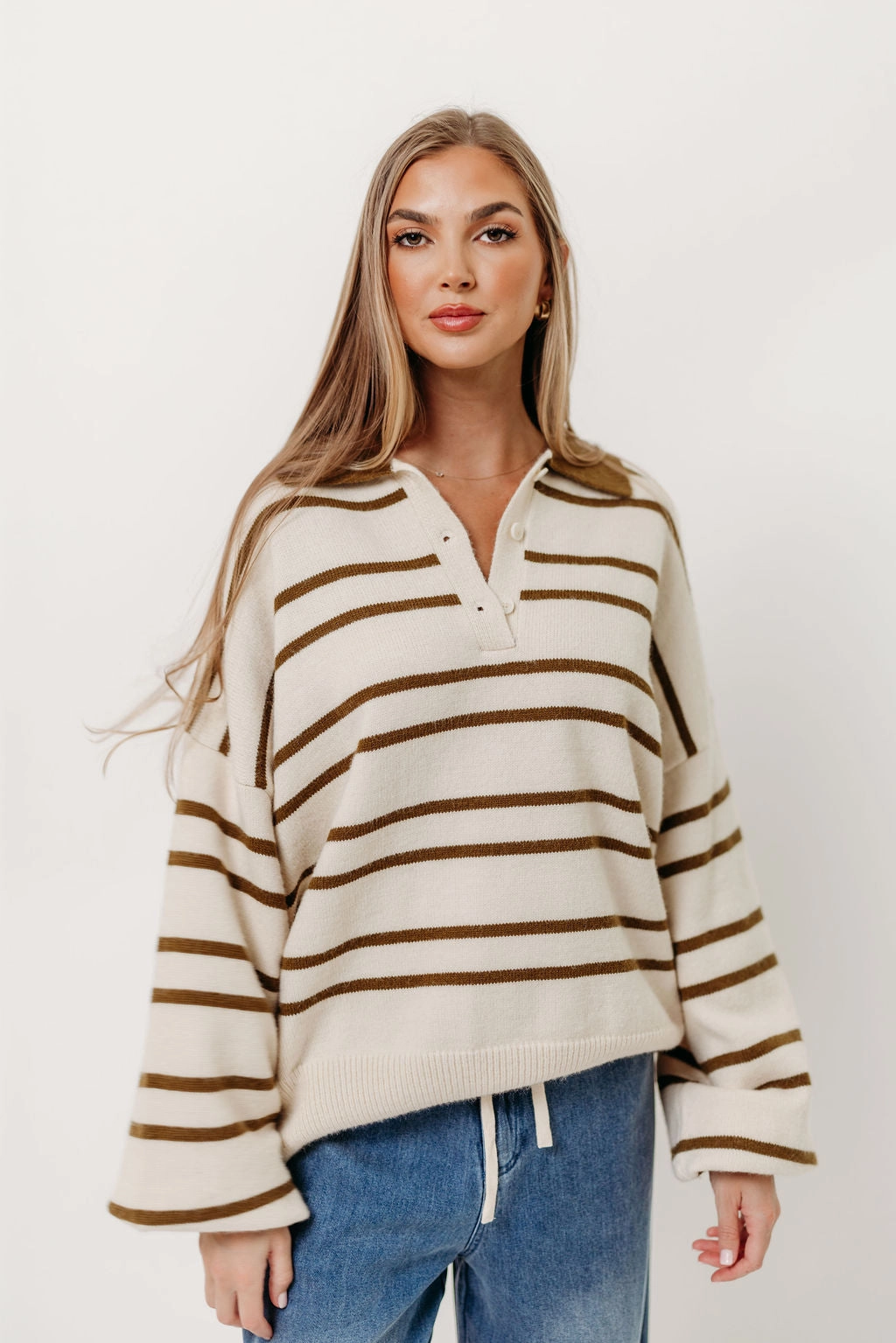 Juno Collared Sweater in Ivory Olive Stripe Ribbed Knit Fabric