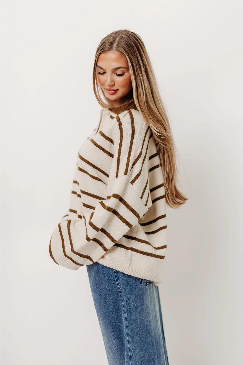 Juno Collared Sweater in Ivory Olive Stripe FasteningHood
