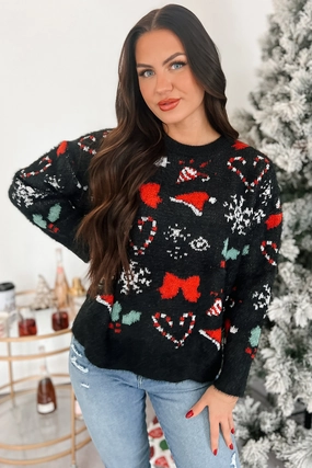 Long Sleeve Shirt Just Christmas Things Oversized Holiday Sweater (Black Multi)