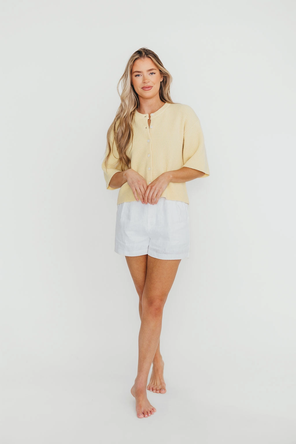 Karen Short Sleeve Cardigan in Yellow MultiLayer Stitching