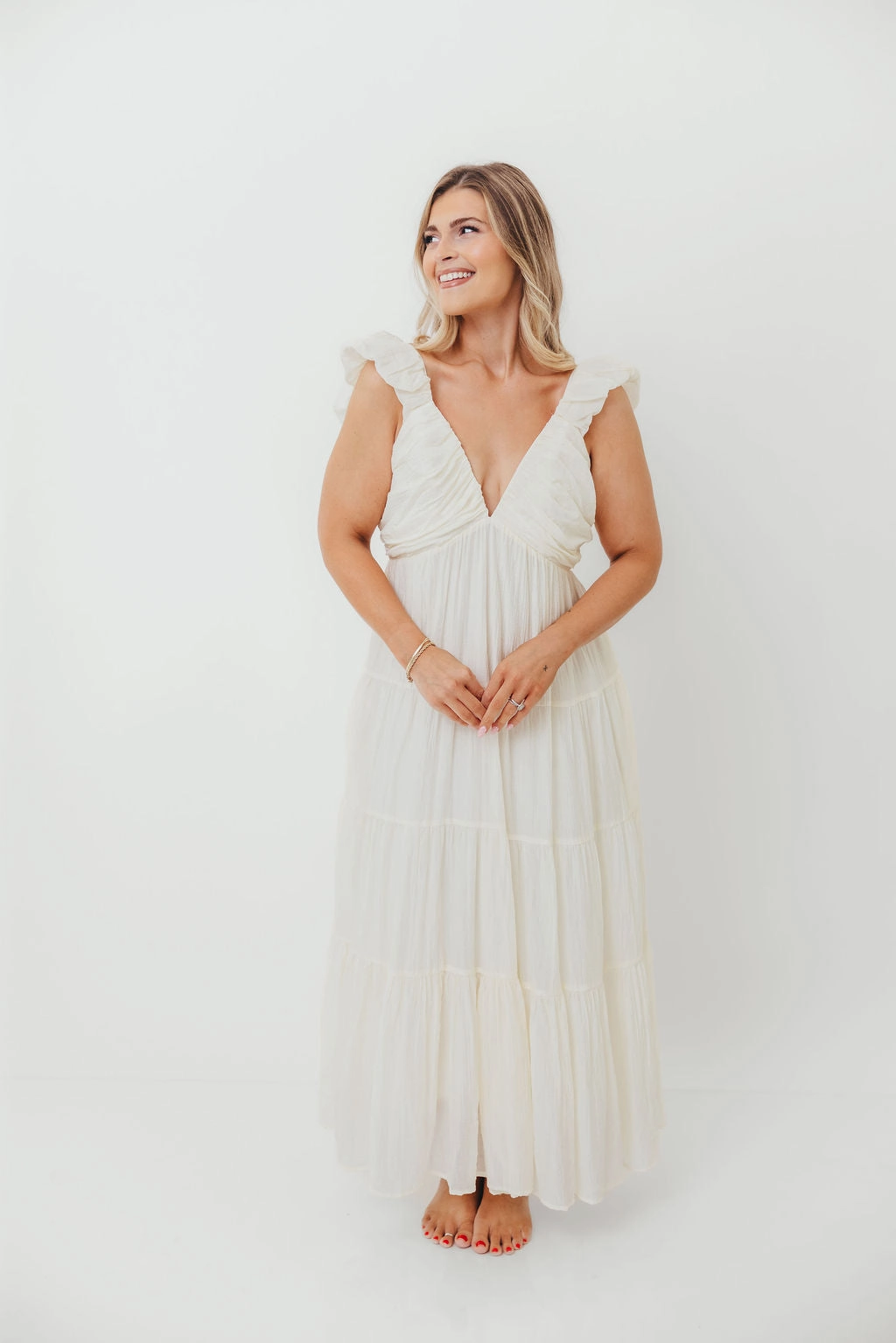 Katy Pleated Bodice Maxi Dress in Cream - Bump Friendly - Restocking End of Sept Modern Lines