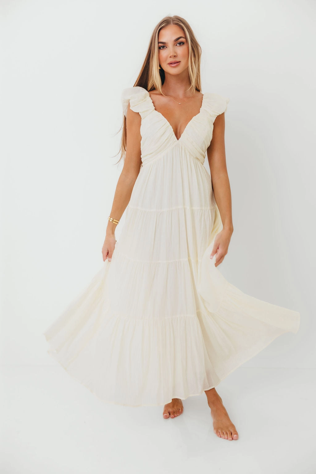 Refined Cut Katy Pleated Bodice Maxi Dress in Cream - Bump Friendly - Restocking End of Sept