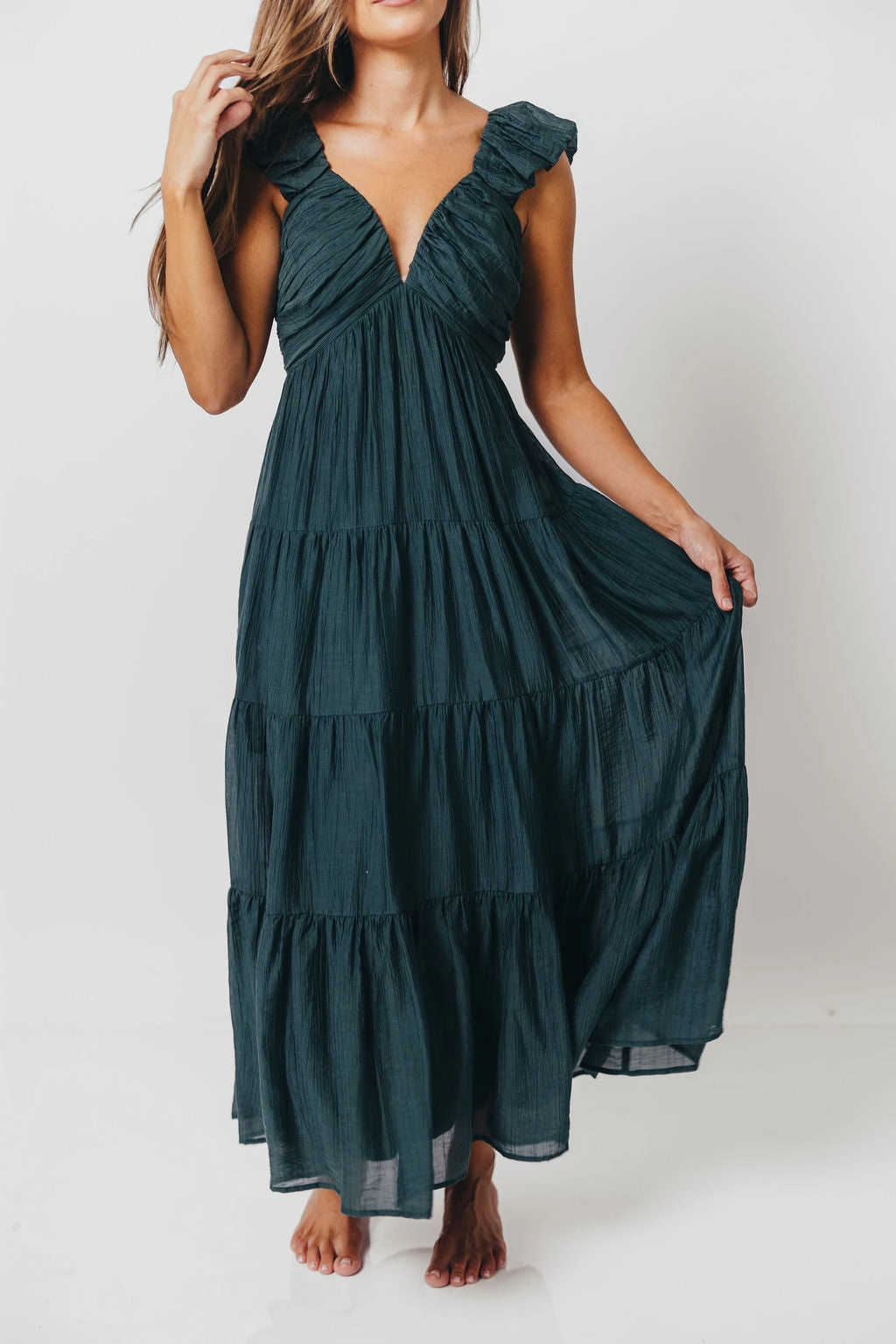Katy Pleated Bodice Maxi Dress in Deep Teal - Bump Friendly Subtle Glow Sheer Overlay