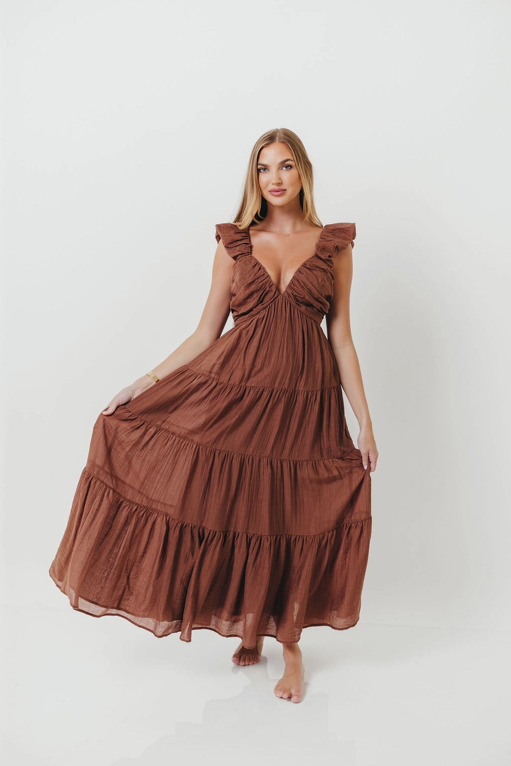 Japan Cool Katy Pleated Bodice Maxi Dress in Hazelnut - Bump Friendly