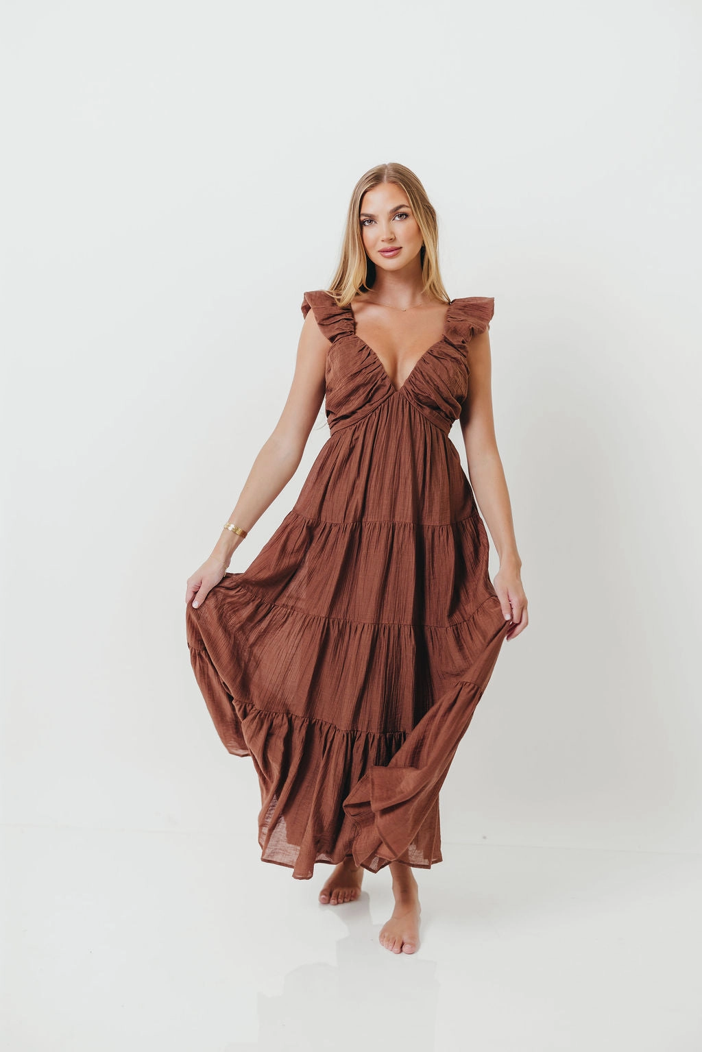 Katy Pleated Bodice Maxi Dress in Hazelnut - Bump Friendly Clean Base Holiday-Party