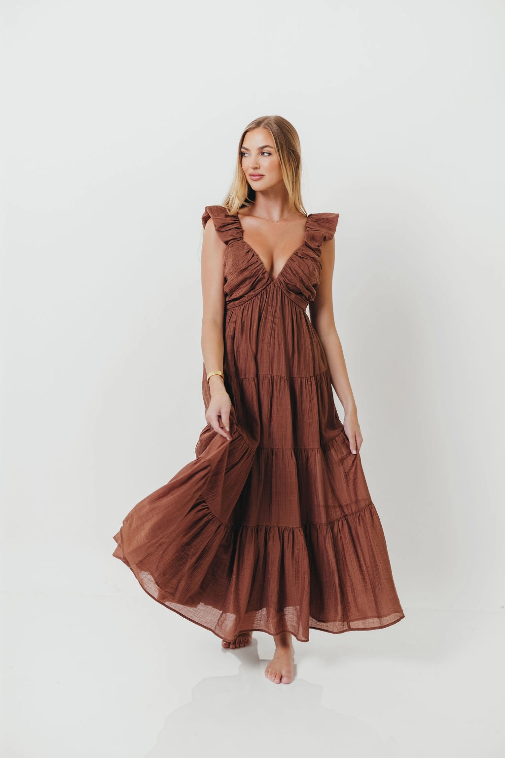 Simple Flow Modern Silhouette Katy Pleated Bodice Maxi Dress in Hazelnut - Bump Friendly