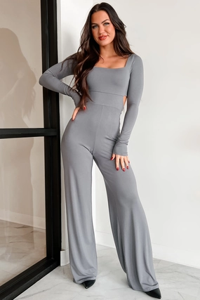 Kaylen Long Sleeve Square Neck Jumpsuit (Grey) MeshPanel