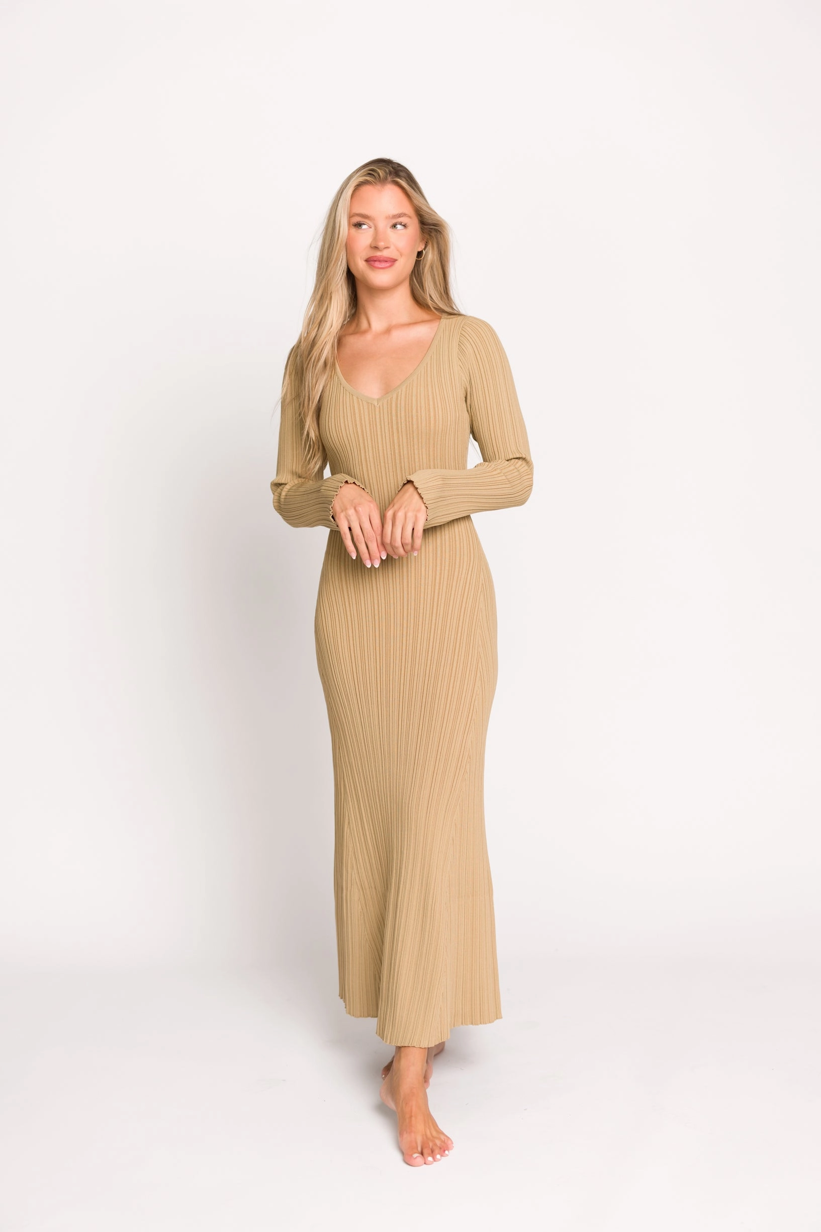 Keaton Knit Maxi Dress with V-Neckline in Beige Elegant Appearance