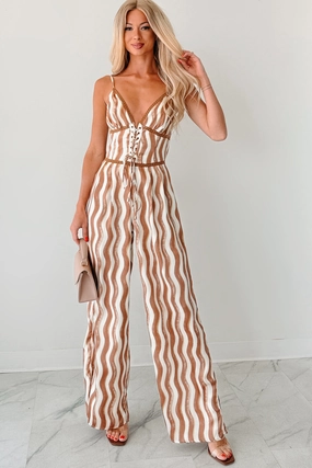 Keep It Groovy Striped Wide Leg Jumpsuit (Mocha Combo) Tear Resistant Weave
