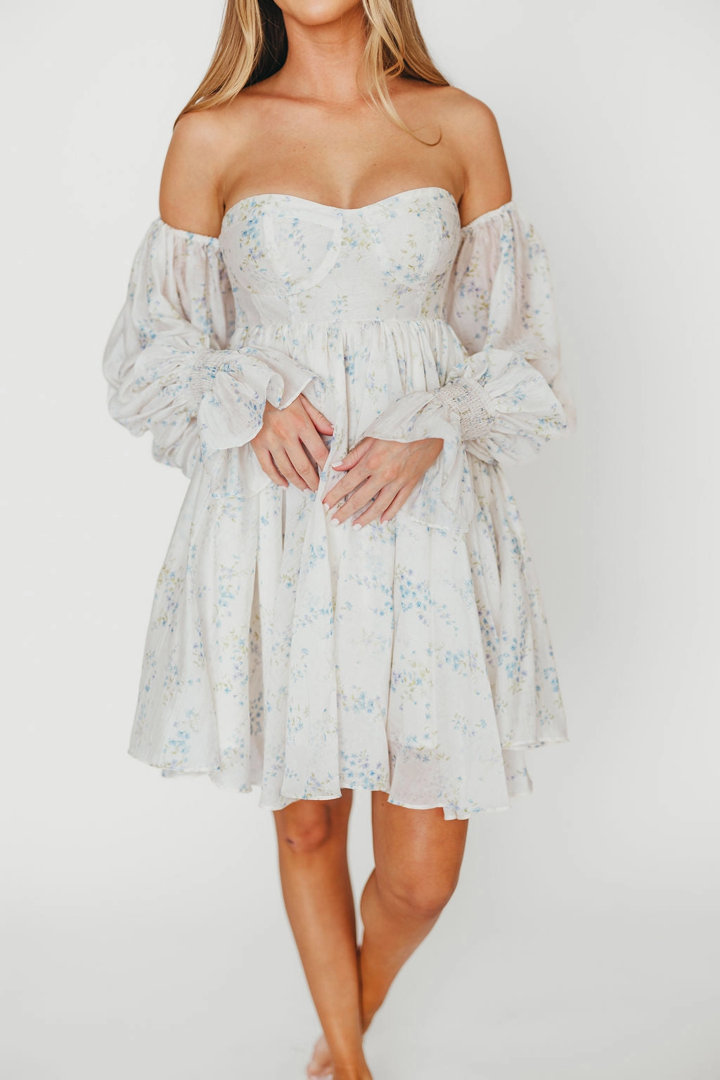 Satin Finish Kennedy Floral Mini Dress in Blue- Bump Friendly *Final-Sale*