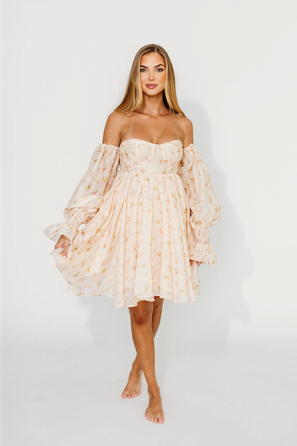 Kennedy Floral Mini Dress in Cream- Bump Friendly *Final-Sale* Square Neck