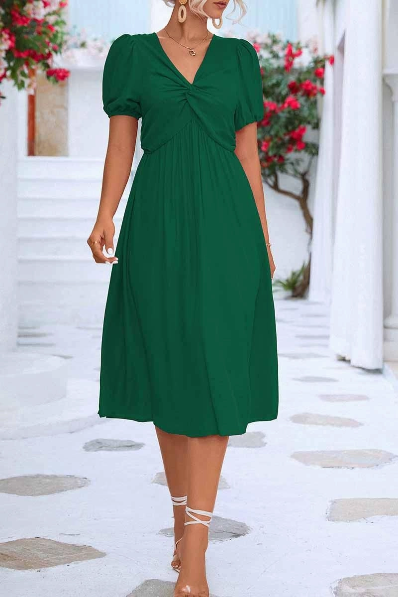 KINK V NECK BALLOON SLEEVE RUFFLED MIDI DRESS High Waist