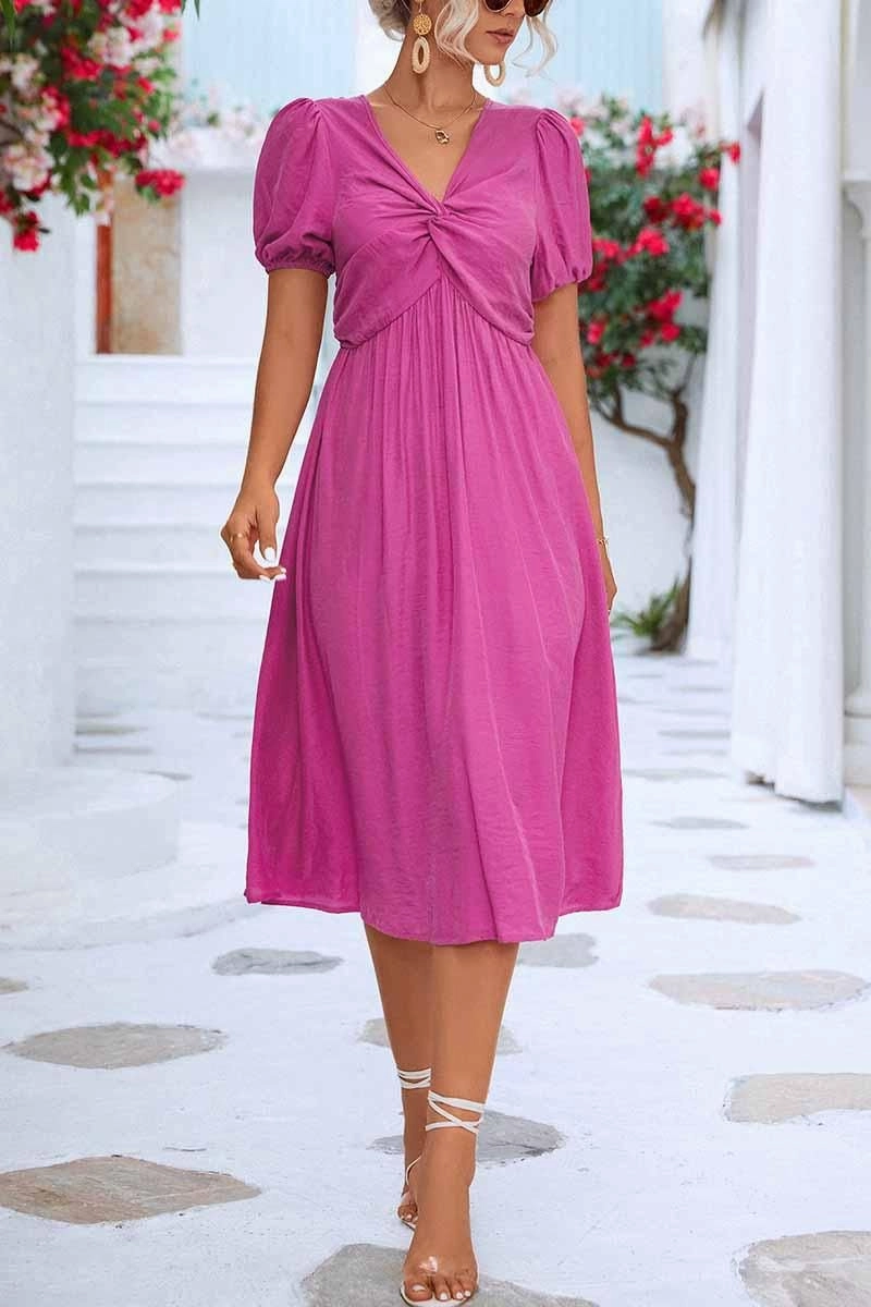 Bold Mood Comfortable fit dress KINK V NECK BALLOON SLEEVE RUFFLED MIDI DRESS