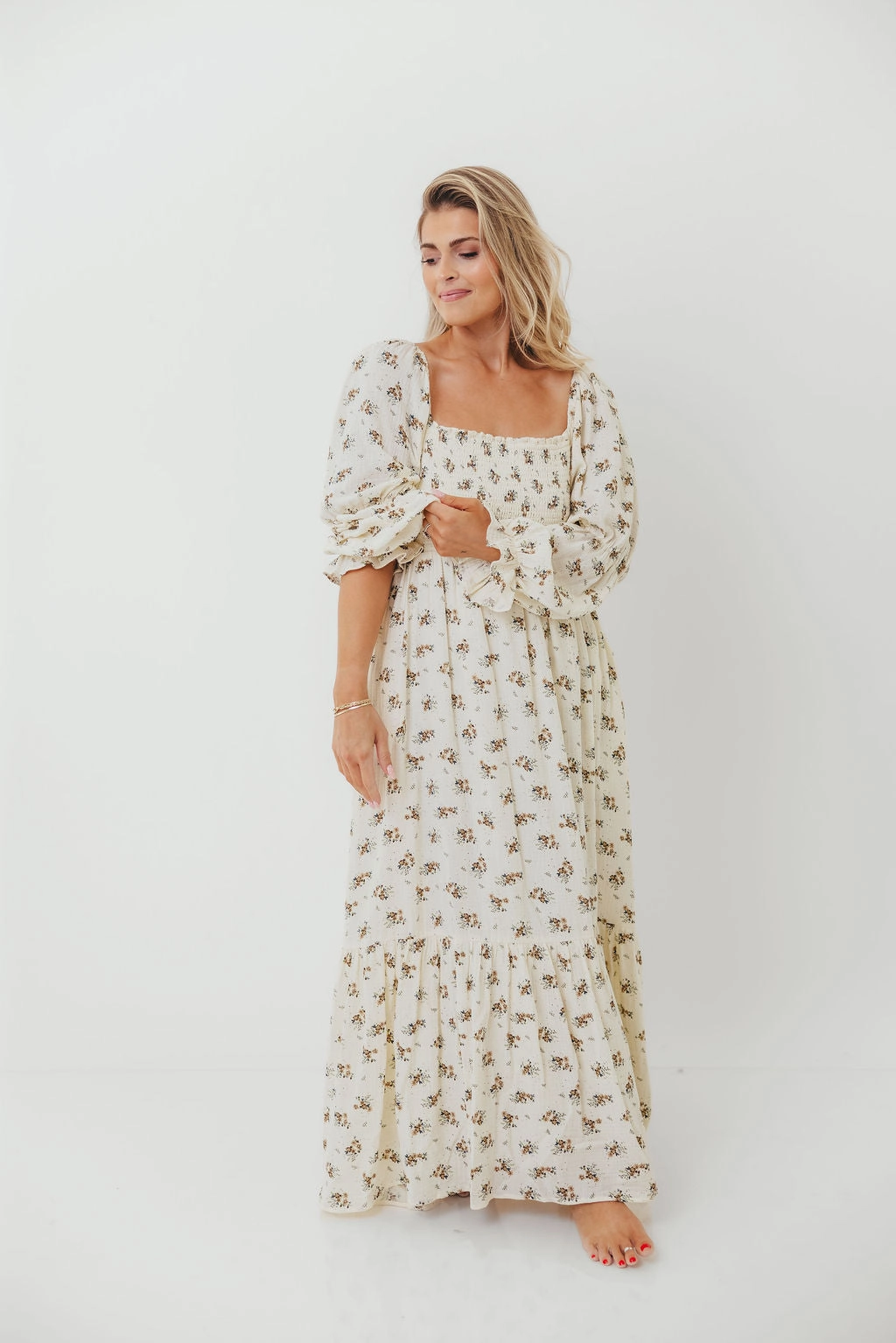 Emerson 100% Cotton Smocked Maxi Dress with Long Sleeves in Off White - Bump Friendly Sleek Volume