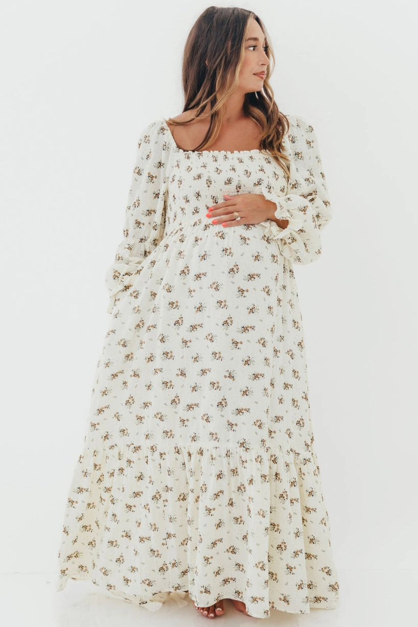 High-waisted evening piece Light Shape Emerson 100% Cotton Smocked Maxi Dress with Long Sleeves in Off White - Bump Friendly