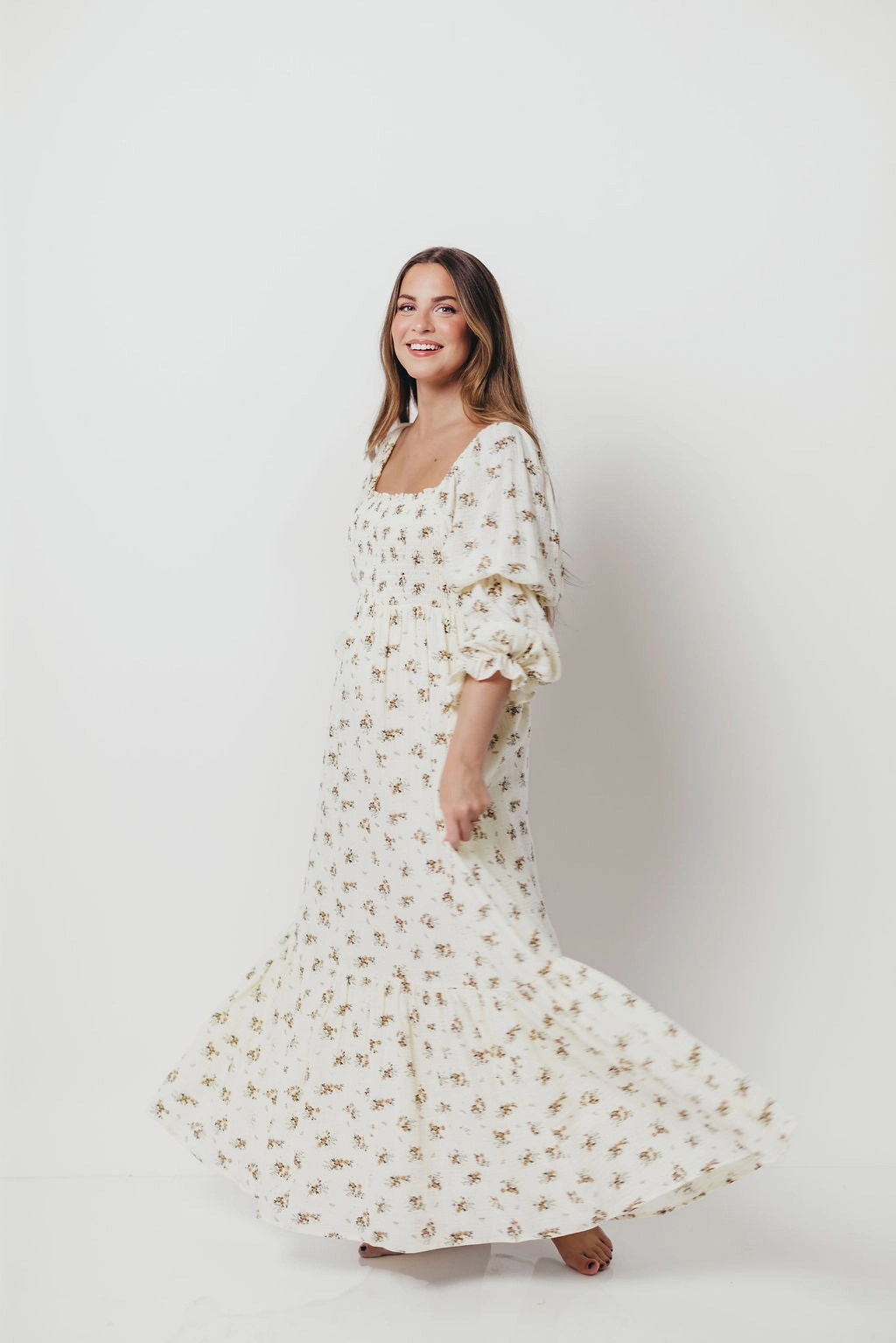 Elegant formal piece Emerson 100% Cotton Smocked Maxi Dress with Long Sleeves in Off White - Bump Friendly