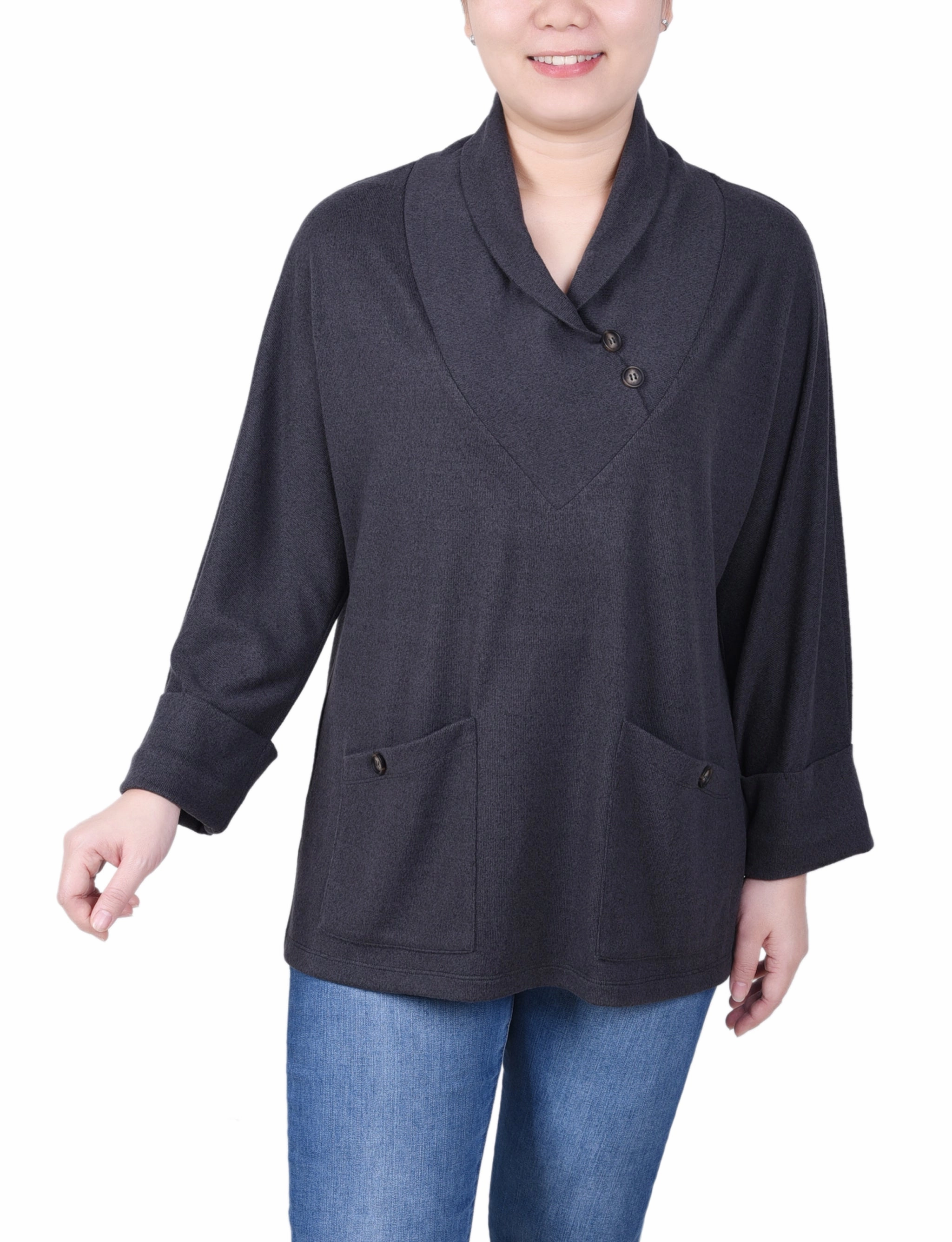 Bohemian style Classic Hoodie Long Sleeve Shawl Collar Top With Pockets