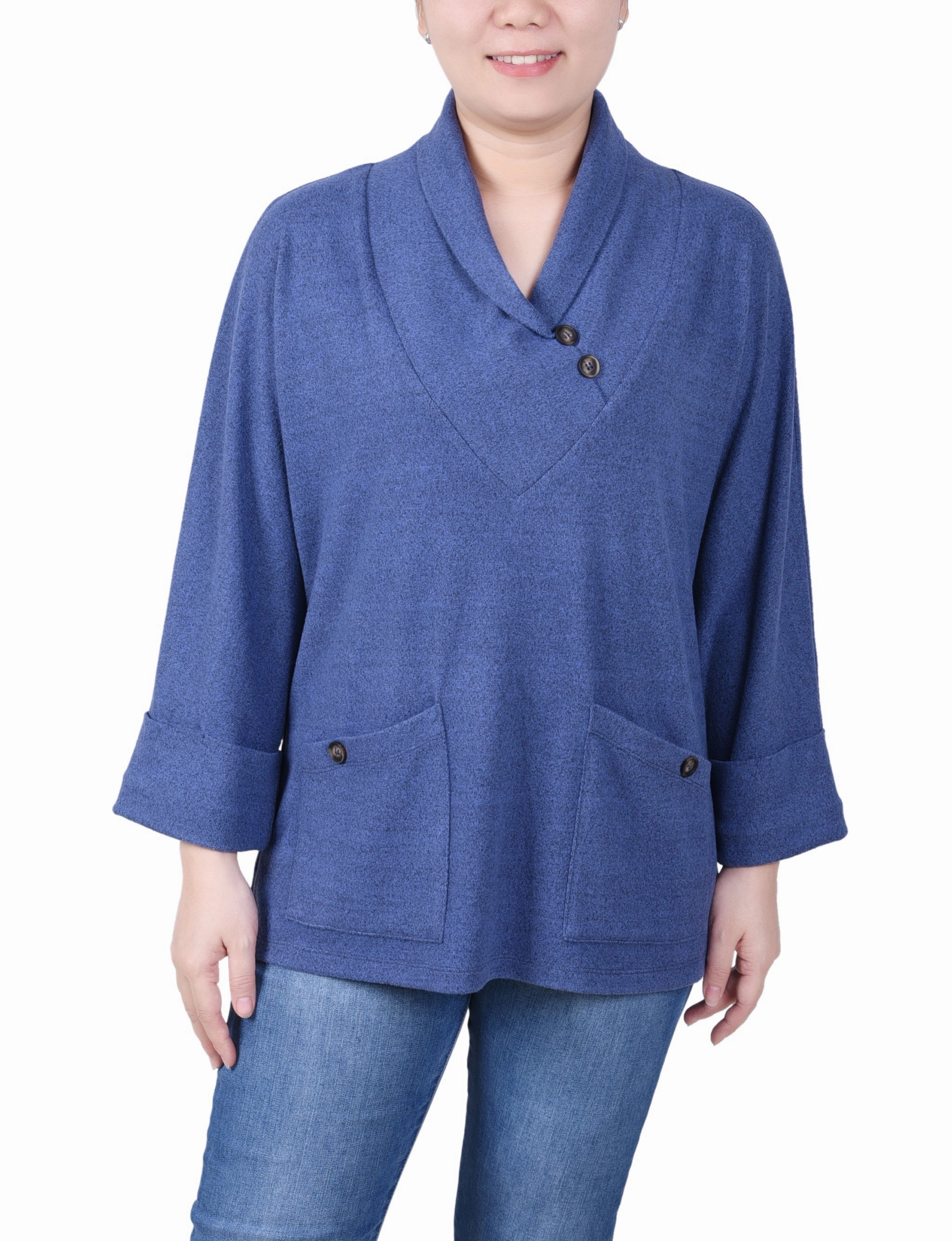 DoubleStitched Hemming Long Sleeve Shawl Collar Top With Pockets