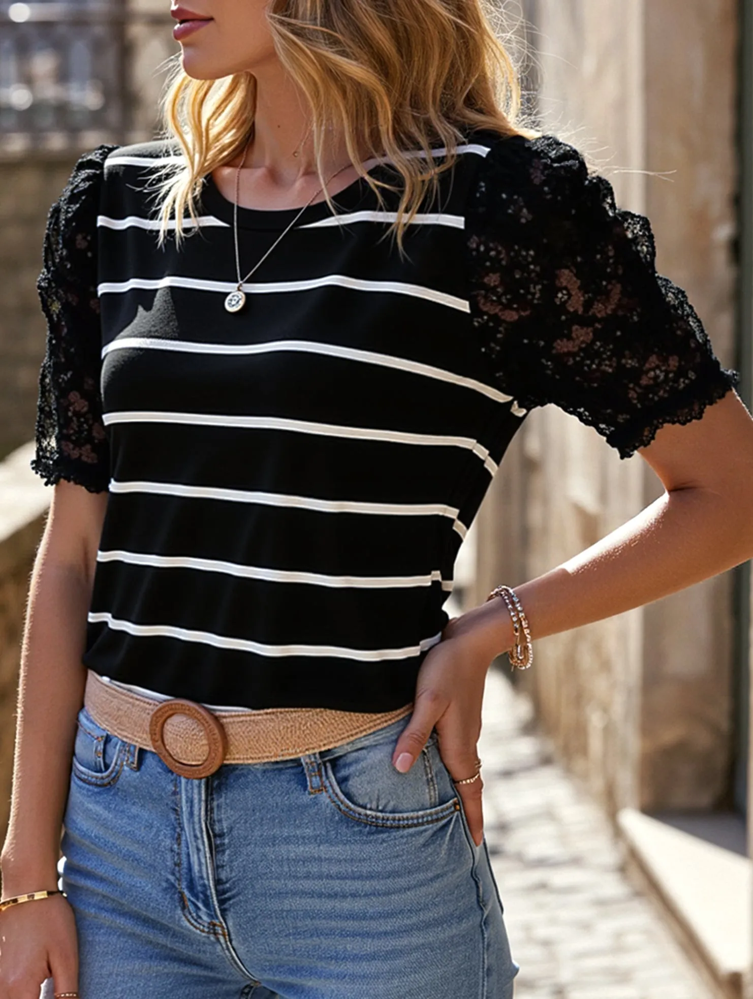 Anti Pilling Lace Short Sleeve Striped Slim Fit Top ??S to XL