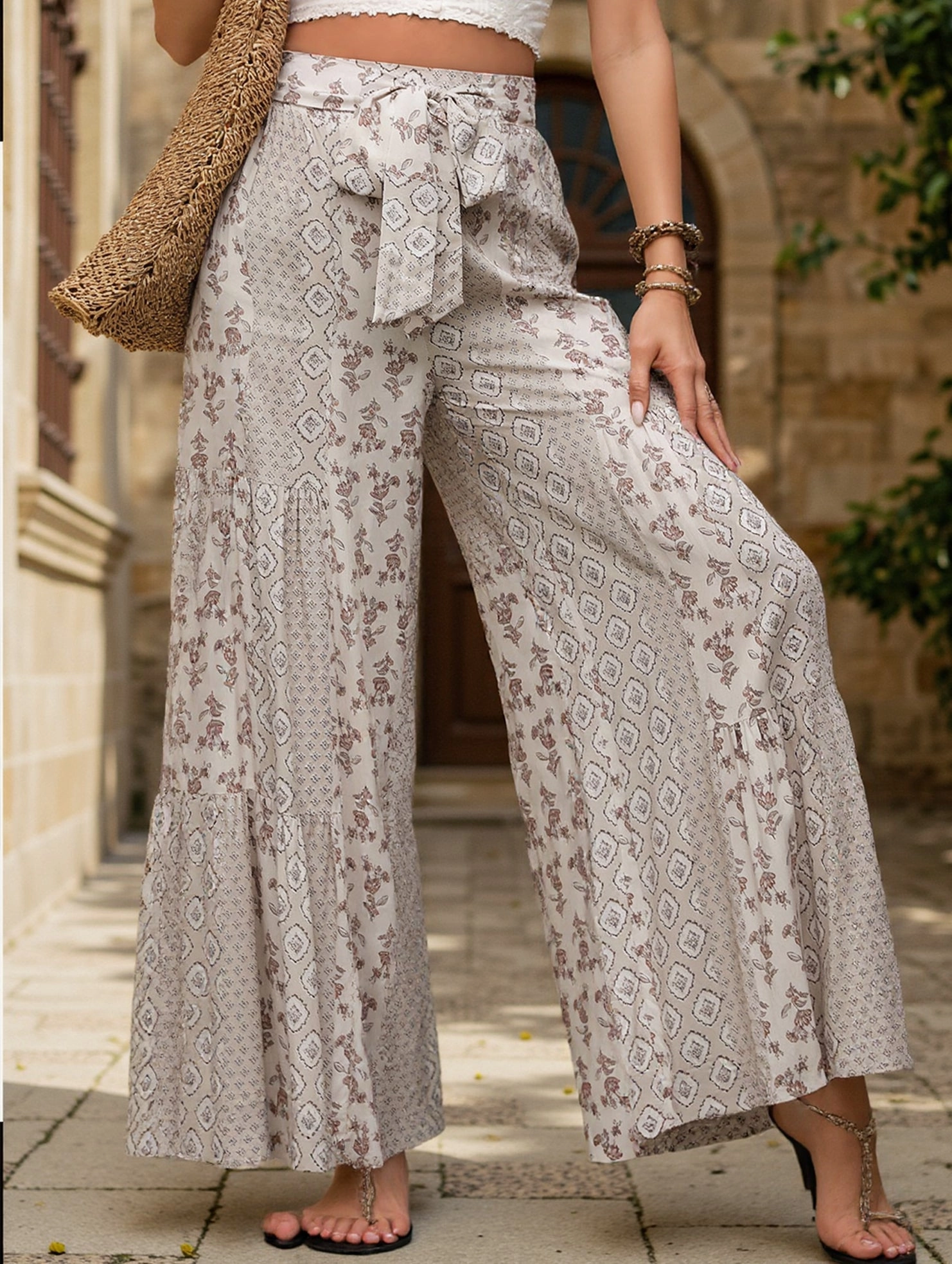 Lace-up geometric floral-print wide-leg pants Air Comfort