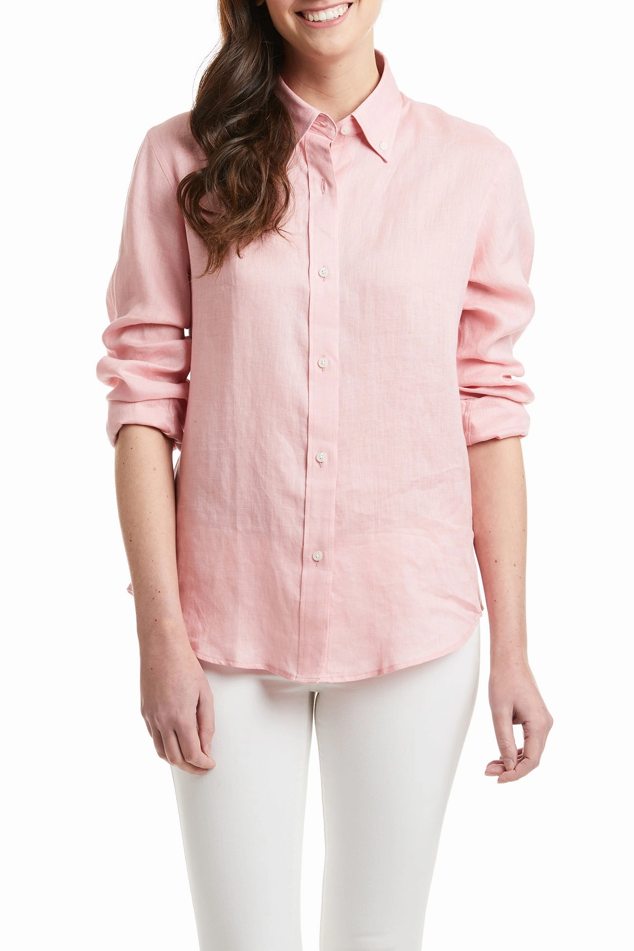 Ladies Button Down Shirt Pink Linen Antibacterial