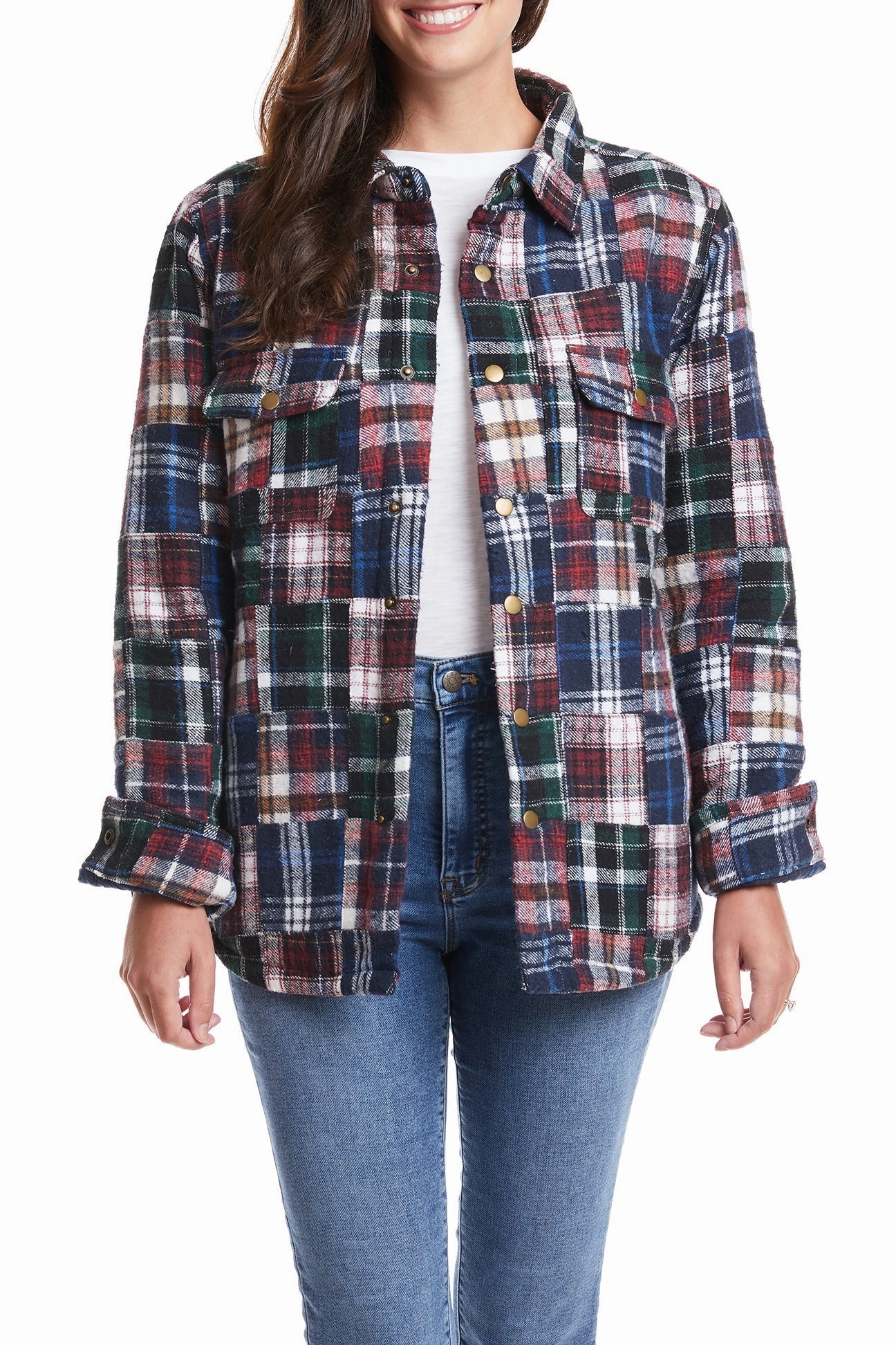Adjustable Collar System Ladies Shacket Colorado Flannel Patch Madras