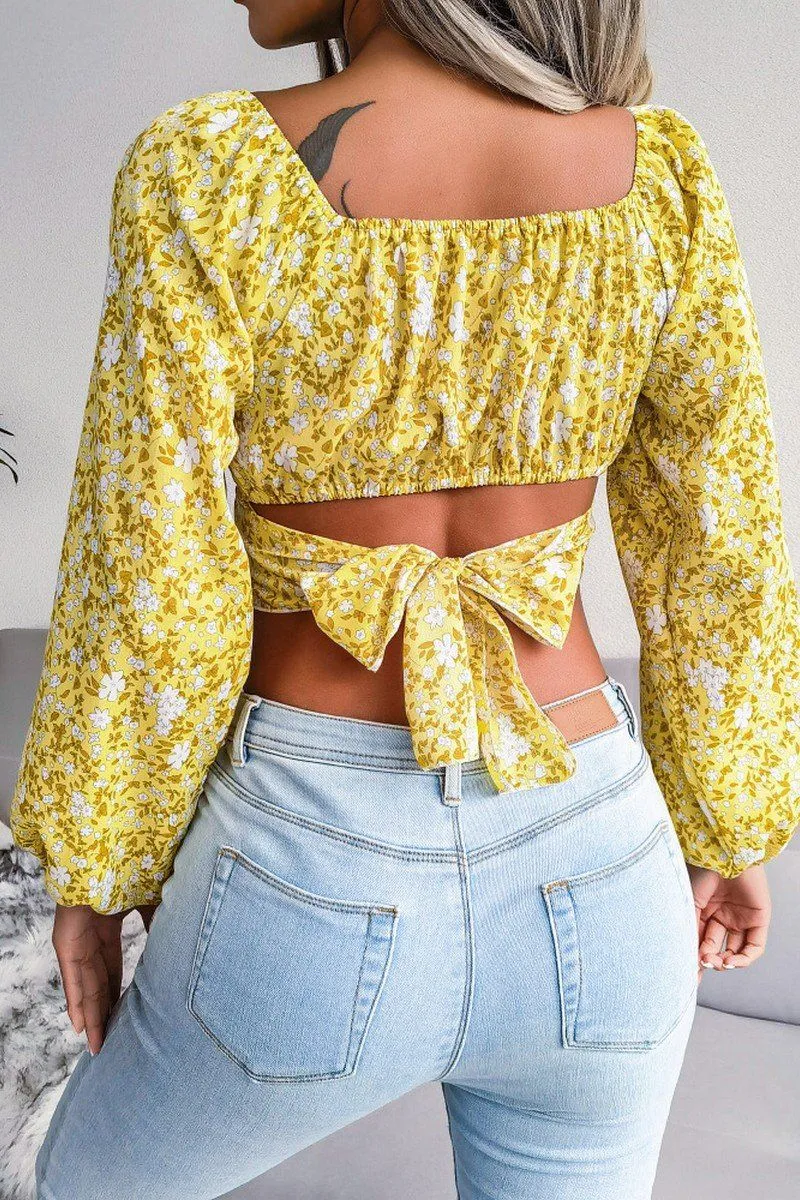 Stretch Fabric Cozy Layer LANTERN SLEEVE BOW FLORAL CHIFFON CROP BLOUSE