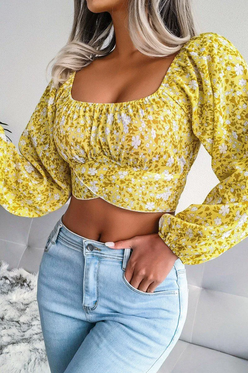 OdorControl Sustainable Material Blend LANTERN SLEEVE BOW FLORAL CHIFFON CROP BLOUSE
