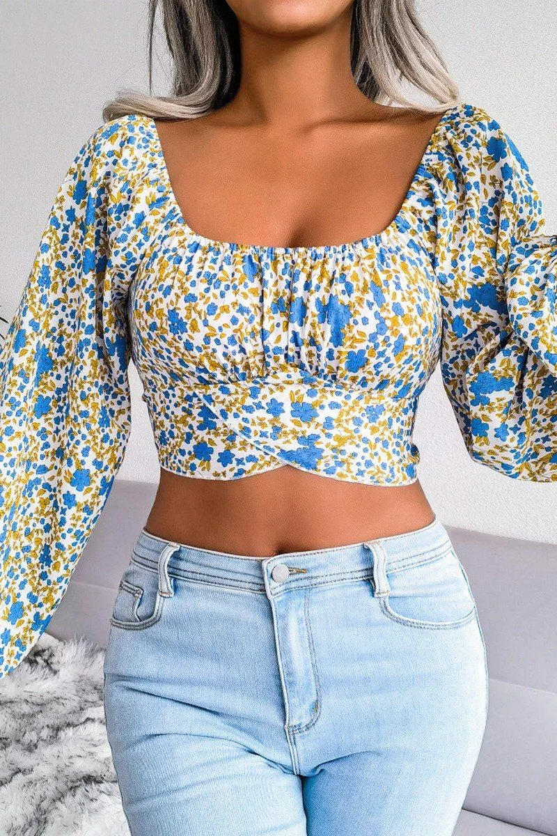 LANTERN SLEEVE BOW FLORAL CHIFFON CROP BLOUSE Lightweight Blouse Sporty Tee